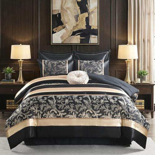 Image of CozyDH Black Gold Comforter Set Queen - 7 Piece Luxury Jacquard Silky Bed in a Bag, Vintage Floral Striped Damask, All-Season Down Alternative Bedding with Bed Skirt, Shams, Decorative Pillow