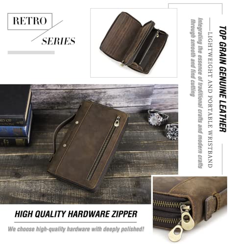 Image of Top Grain Genuine Leather Clutch Wallet Bag with Hand Strap for Man & Woman, Handmade Minimalist Vintage Design, 2 Zip Pockets & Multi Slots, RFID Large Capacity for Cards /Phone /Check /Banknote, Coffee