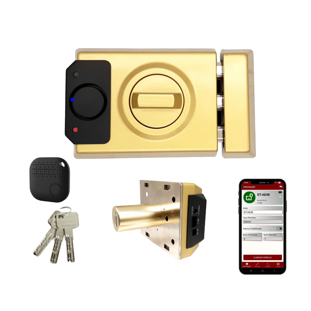 Lince SMARt7930 Cerradura inteligente para puerta – Cerrajo con alarma de 100 dB, control por aplicación, control remoto y llave reversible de alta seguridad – Recargable por USB-C – Color Oro