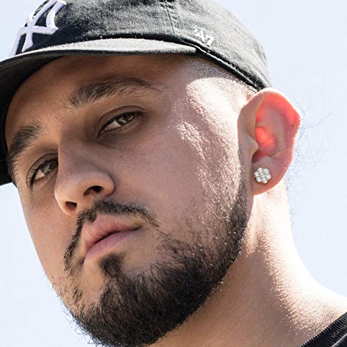 Brilliant Iced Cz 14K Yellow Gold Plated Sterling Silver Round Men's Women Elegant Flower Cluster Cz Unisex Circle Stud Hip Hop Hypoallergenic Screw Back Earrings4