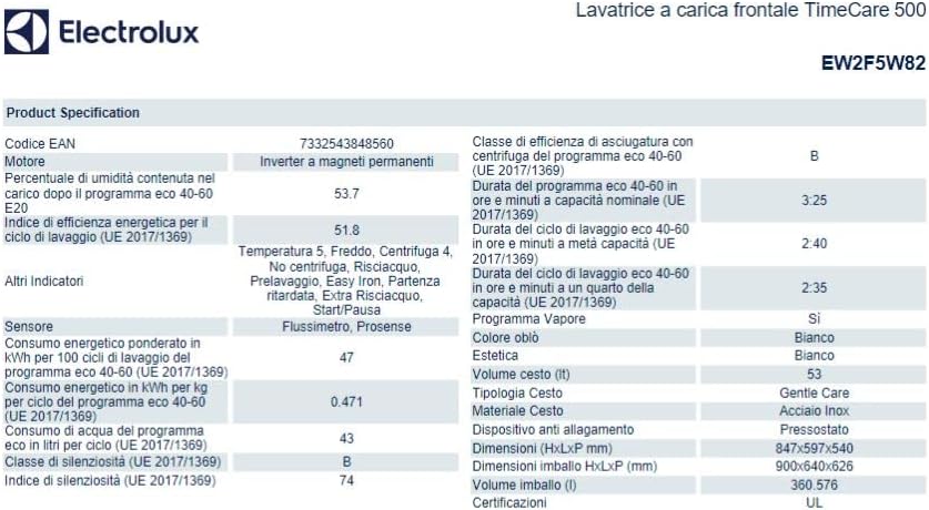 Electrolux Lavatrice EW2F5W82 TimeCare 500 a carica frontale con funzione TimeManager e cestello per la pulizia delicata, 8 kg, classe A, Bianco (classe di efficienza energetica A) Electrolux Lavatrice EW2F5W82 TimeCare 500 a carica frontale con funzione TimeManager e cestello per la pulizia delicata, 8 kg, classe A, Bianco (classe di efficienza energetica A)