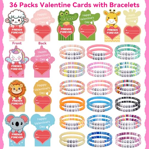 Image of CZWZ 36 Pack Valentine's Day Cards for Kids School Bulk, 18 Styles Friendship Bead Bracelets with Class Valentines Day Gifts Animal Design Valentines Cards for Kids Classroom