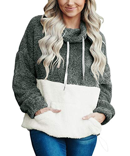 For G and PL Women Fuzzy Pullover Cowl Neck Dark Grey Color Block Long Sleeve Pocket Fleece Sherpa Sweatshirt L