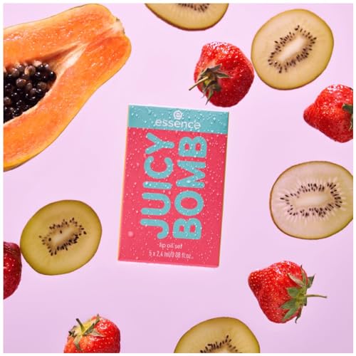 essence JUICY BOMB lip oil set 01, Lippenpflege, Mehrfarbig, acetonfrei, vegan, ohne Mikroplastikpartikel, glutenfrei, 1er Pack (5pcs)