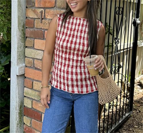Women Shirred Tank Top Summer Smocked Tops Sleeveless Ruffle Hem Graphic Pleated Shirt Y2k Going Out Vacation Tops2