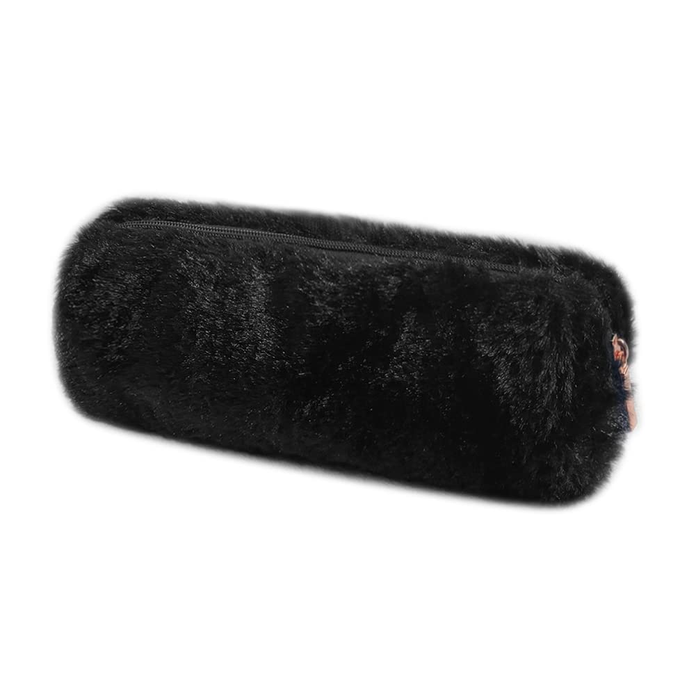 Pencil Cases Pen Bag Plush Makeup Pouch Holder Fluffy Faux Fur Storage Bag Girl Women Cute Plush Pencil Case Super Soft Barrel Kids Students Stationery Cover for School Office (Black)