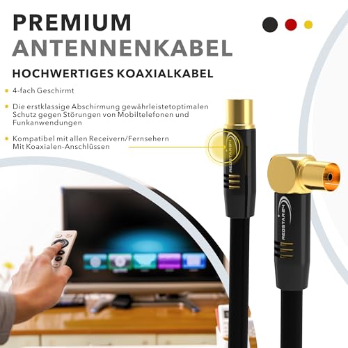 RedStar24 Kabel antenowy 2 m, czarny, wtyczka do gniazda kątowego 90°, koncentryczny, Premium HDTV do telewizji kablowej, kabel TV: kompatybilny z TV, radiem, DVB-T/T2, DVB-C, DAB