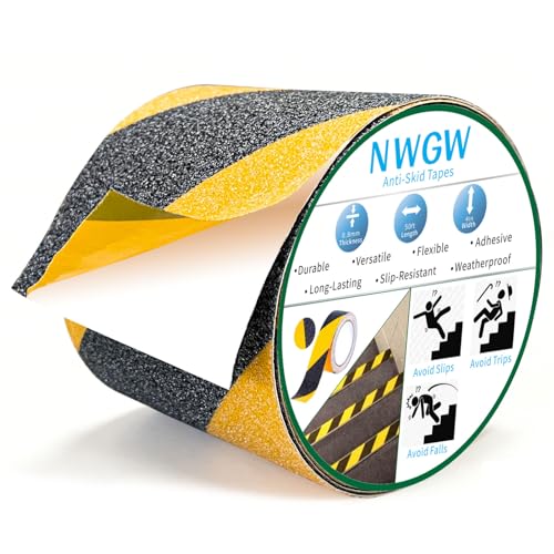 Image of Black & Yellow Anti-Slip Stair Treads Tape, 4 inch x50FT Heavy Duty Non-Skid Grip Tape for Indoor /Outdoor Steps, Bathroom & Pool - PVC Waterproof Safety Traction Tape
