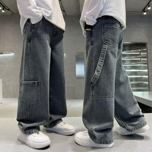 Boy's Elastic Waist Baggy Jeans Straight Leg Pull On Denim Pants Teen Kids Loose Jeans with Pockets 6-14 Years2