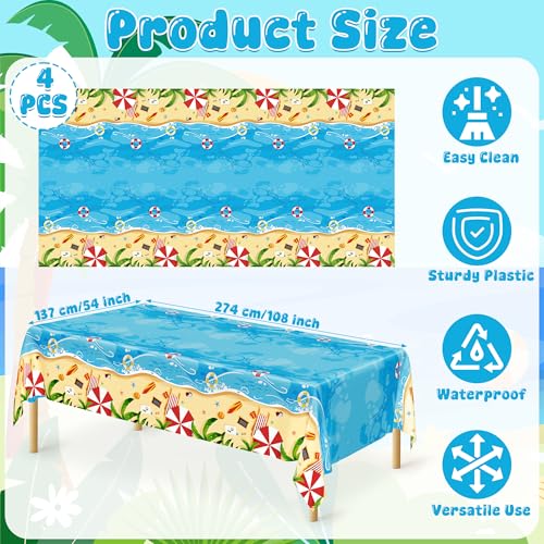 Image of QZYL 4 PCS Summer Beach Tablecloth, 54 x 108 Inch Pool Beach Tablecloth Summer Party Decorations, Disposable Plastic Beach Table Cloth, Hawaiian Table Cloth for Summer Tropical Pool Party Decorations