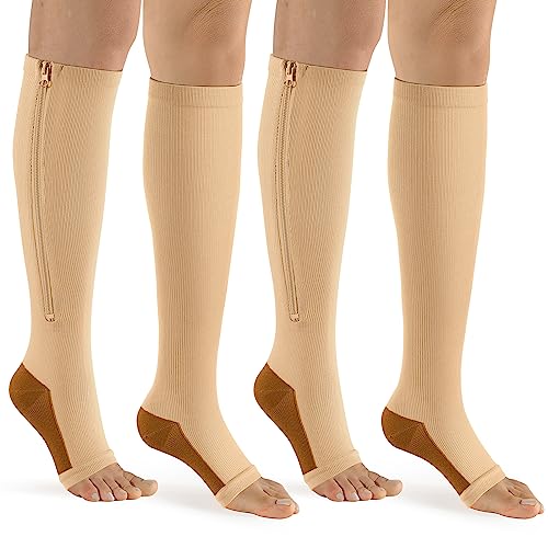 Image of bropite Zipper Compression Socks Women & Men - 2Pairs Calf Knee High 15-20mmHg Open Toe Compression Stocking suit for Walking