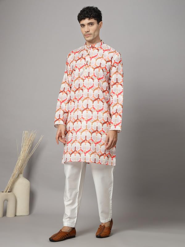 Image of Vastraa Fusion Men's Printed Kurta Pure Cotton Long Kurta, Round Collar, Full Sleeves, Button Kurta, Ethnic Wear