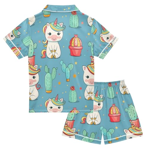 ALAZA Cute Unicorn Cactus Star Pajamas Satin Pajama Set Short Sleeve Button Down Sleepwear2