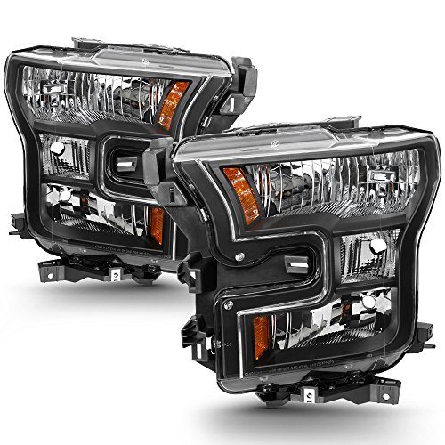 VIPMOTOZ Black Housing OE-Style Headlight Headlamp Assembly For 2015-2017 Ford F150 Pickup Truck Halogen Model, Driver & Passenger Side