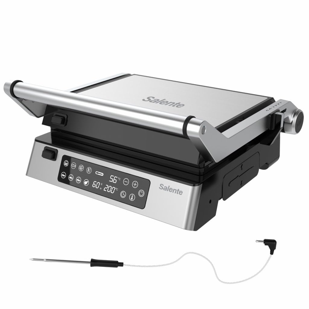FlamePro - Barbacoa de contacto con sensor de temperatura externo, 8 programas, plancha antiadherente, 2200 W, placas desmontables, parrilla eléctrica para asar sin grasa