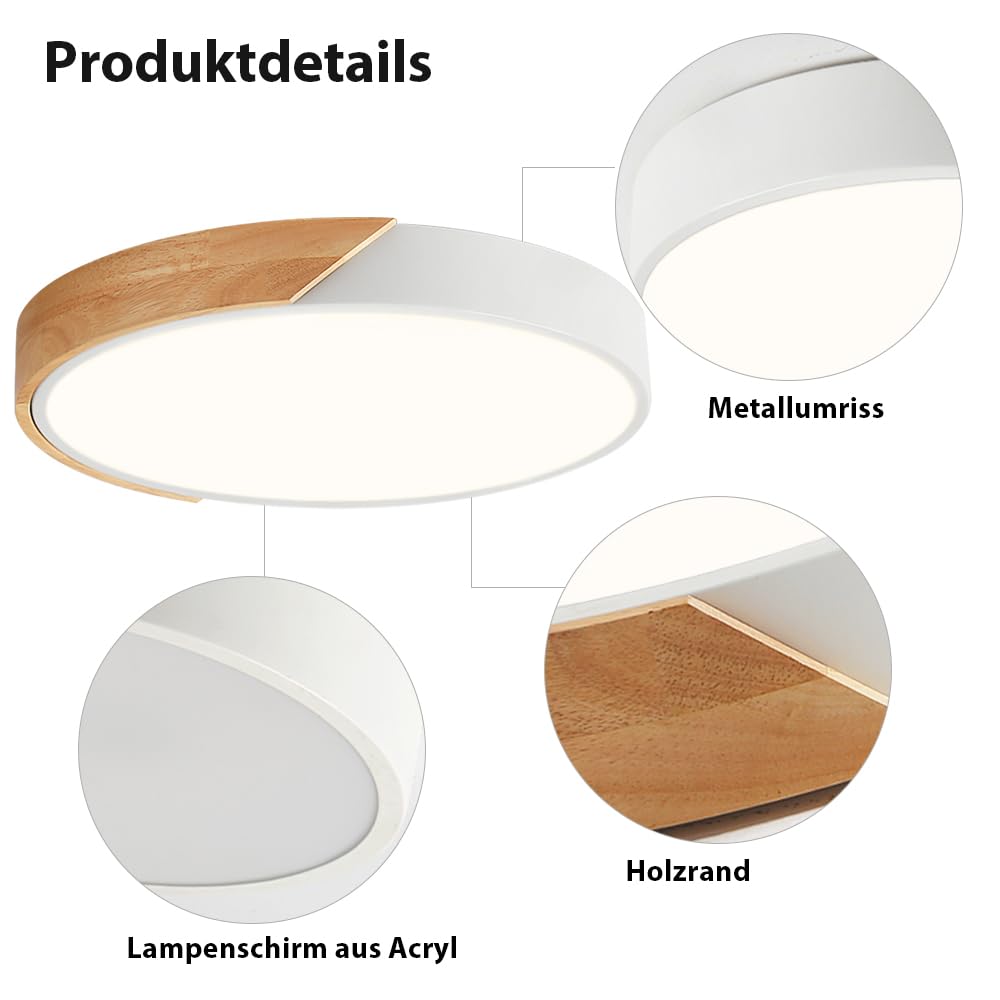 LED Deckenleuchte,Deckenlampe 40cm Runde Holz, Moderne Lampe Weiße Deckenlampe, 36W 4000K deckenleuchten, für Wohnzimmer, Schlafzimmer, Büro, Küche, Flur, Kinderzimmer