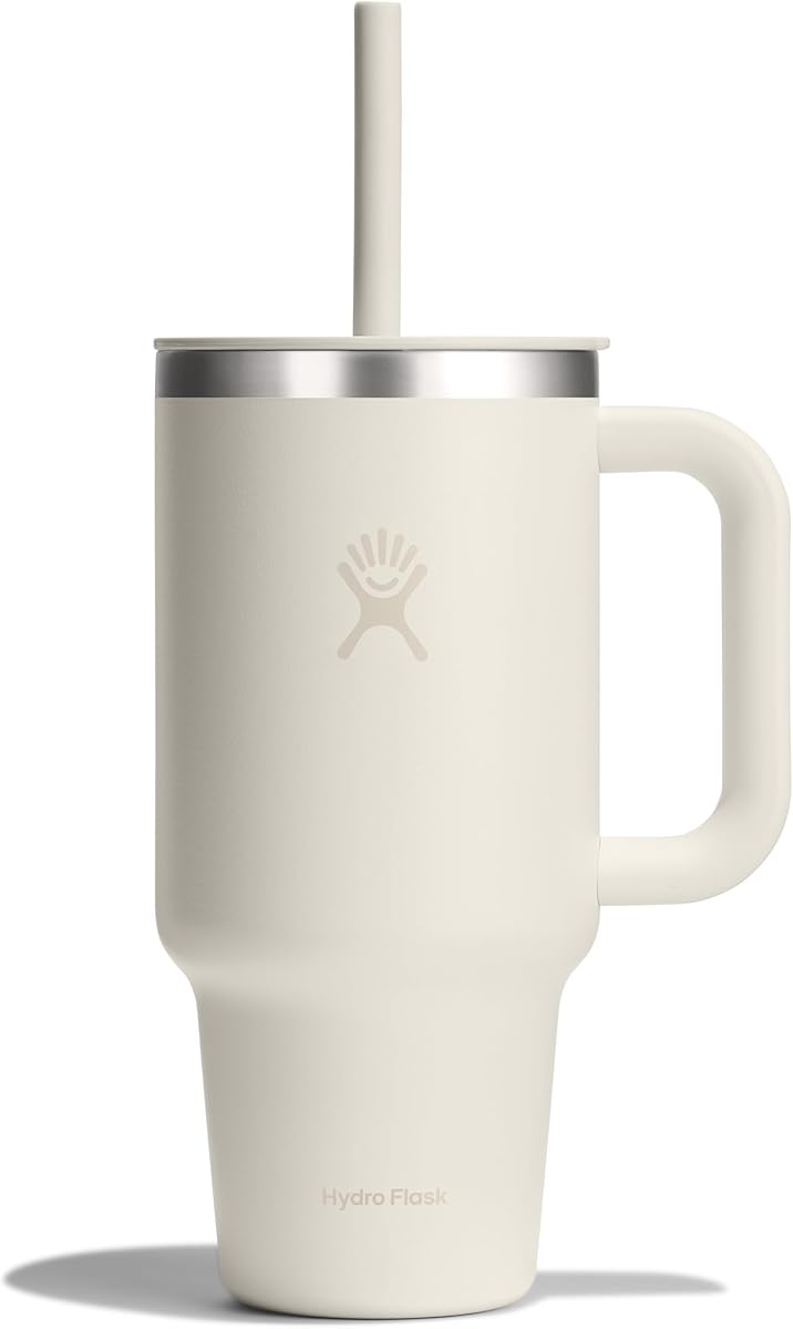 Hydro Flask Travel Tumbler with Handle, Lid and Straw - Insulated Stainless Steel in 32 Oz Ivory