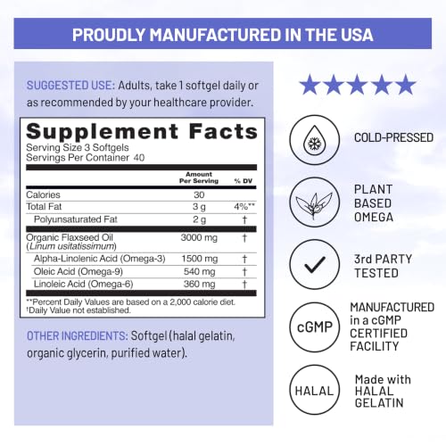NatureWise Flaxseed Oil 3000 mg, Fish Free Omega 3 with 1500 mg ALA - Plant Based Omega 3 6 9 Supplement - Organic, Cold Pressed, Non-GMO - 120 Softgels[40-Day Supply] - image 4