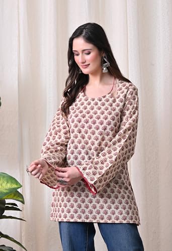 Image of MEERA FAB Women Cotton Printed A-Line Tunic Top with Square Neck | Floral Printed Halter Strap Detail & Bell Sleeves | Short Kurti for Women