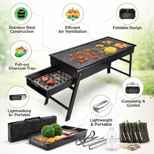 Image of Folding Portable Barbecue Grill Set for Outdoor Cooking | Stainless Steel Charcoal BBQ Grill for Camping, Picnic and Home Use | Compact Foldable Barbeque for Travel and Terrace
