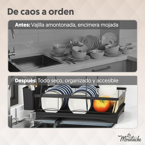 Miniatura 6 de La Moustache - Escurreplatos De Acero 2 Niveles 42 29,5 33 Cm Drenaje Automático Y Boca Giratoria, Escurridor De Platos Con Soporte Para Utensilios De Cocina, Fregadero Y Encimera Negro