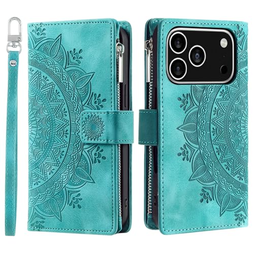 Étui en cuir iPhone 17 Pro vert de protection premium avec rabat et zip