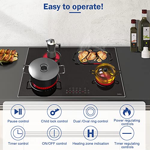 30 Inch Electric Cooktop, 4 Burners Radiant Electric Stove, Built-In Electric Stove Top, With Dual Oval Zone, Child Lock, Glass Protection Metal Frame, 220V-240V Hard Wire (No Plug) Hobsir #TOP2