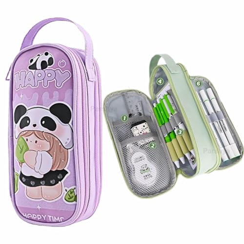 Image of Two Layer Six Slot Premium Canvas Pencil Pouch for School Girls and Boys, Cute Aesthetic Stationery Items Kit Case, Large Capacity Stationary Pencil Box for Kids Gifts