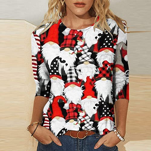 Camisas de árvore de Natal para mulheres manga 3/4 blusa árvore de Natal floco de neve Papai Noel ca