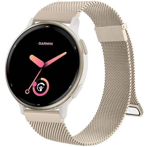 Metal Strap for Garmin Venu Sq/Sq 2 Music Vivoactive 5/3 Forerunner 55/645/245 - 20mm Stainless Steel Replacement Band With Enhanced Magnet (Champagne)