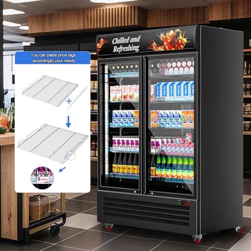 Image of Tylza Commercial Refrigerator, Double Glass Door Display Beverage Fridge, 26.49 Cu Ft Upright Beverage Cooler Merchandiser with Replaceable Advertising Light Board, Rebound Door, Fast Cooling, Black