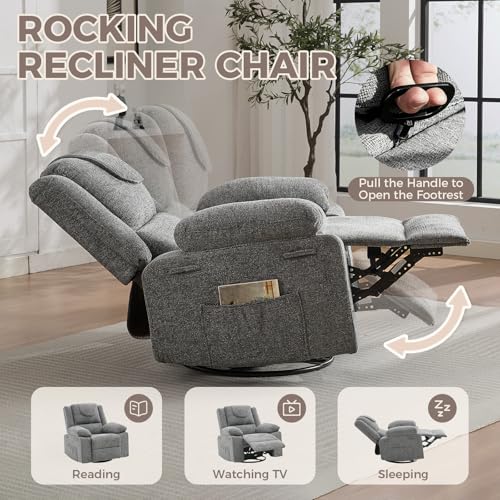 Image of Oversized Swivel Rocking Recliner Chair for Adults, 360 Swivel Glider Nursery Chair with Vibration Massage & Heat, Comfortable Single Sofa for Living Room Bedroom, Gray