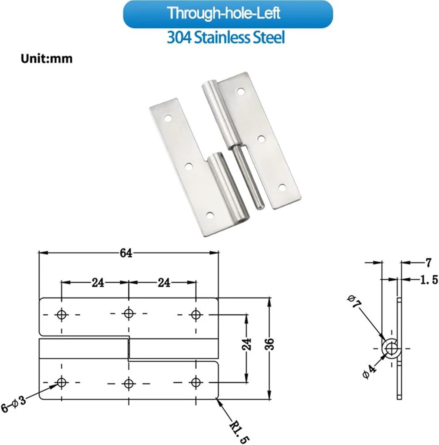 304 Stainless Steel Strip with Detachable Foldable Hinges Industrial Machinery Cabinet Doors 1Pcs(Through-Hole-Left)