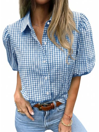 Image of Tankaneo Women's Button Down Shirts Short Puff Sleeve Collared Dressy Casual Blouse Tops