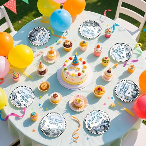Image of 60 Pcs Vintage Race Car Paper Plates 9 inch Heavy Duty | Blue Race Car Birthday Plates Disposable Start Your Engines Dinner Platters for Baby Shower Birthday Party Supplies Decor