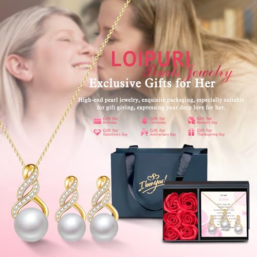 Pearl-Necklace-and-Earring-Set-for-Women-925-Sterling-Silver-InfinityBow-Tie-Pearl-Set-Jewelry-RhodiumGold-Plated-Anniversary-Birthday-Gifts-for-Her-Packaged-in-Preserved-Red-Rose-Box