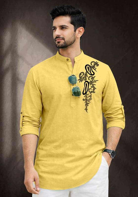 Image of Cotton Blend Self Design Printed Casual Short Kurta for Men Long Sleeve Mandarin Collar Stylish Kurta Shirt for Men