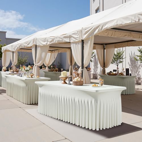 Image of NSSONBEN 2 pk Ivory Spandex Tablecloth for 8 Foot Rectangle Tables,Wrinkle Free High Stretch Cream Fitted Tablecloths with Ruffle Skirt, Elastic Spandex Table Covers 8ft for Parties Weddings Banquet