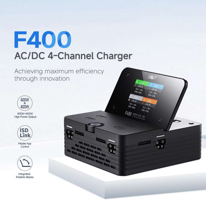 ISDT F400 - Caricatore Smart Balance a 4 canali con display pieghevole, AC/DC 400 W 15 A RC per batterie agli ioni di litio 1-8S LiPo LiHV Life