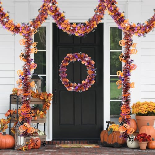 Image of 33 FT Halloween Tinsel Garland Decorations,Orange Purple Black Halloween Garland with Pumpkins, Bat, Spider Shiny Metallic Garlands for Indoor Outdoor Decorations