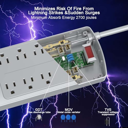 Image of Surge Protector Power Strip - Nuetsa Flat Plug Extension Cord with 8 Outlets and 4 USB Ports, 6 Feet Power Cord, 2700 Joules, ETL Listed, Grey
