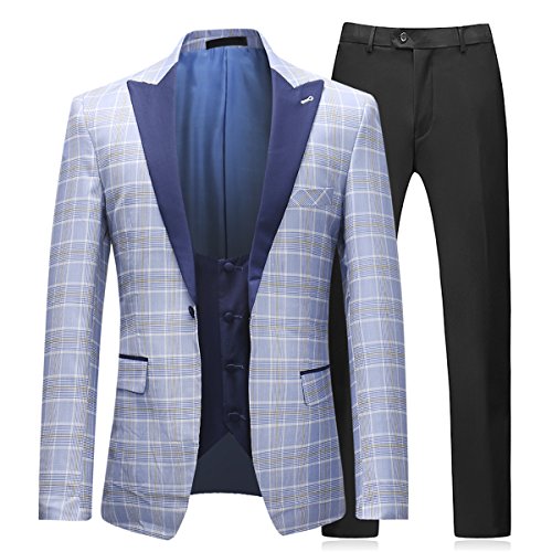 Boyland Mens 3-Piece Tuxedos Plaid Wedding Suit Jackets with Matching Vest and Trousers