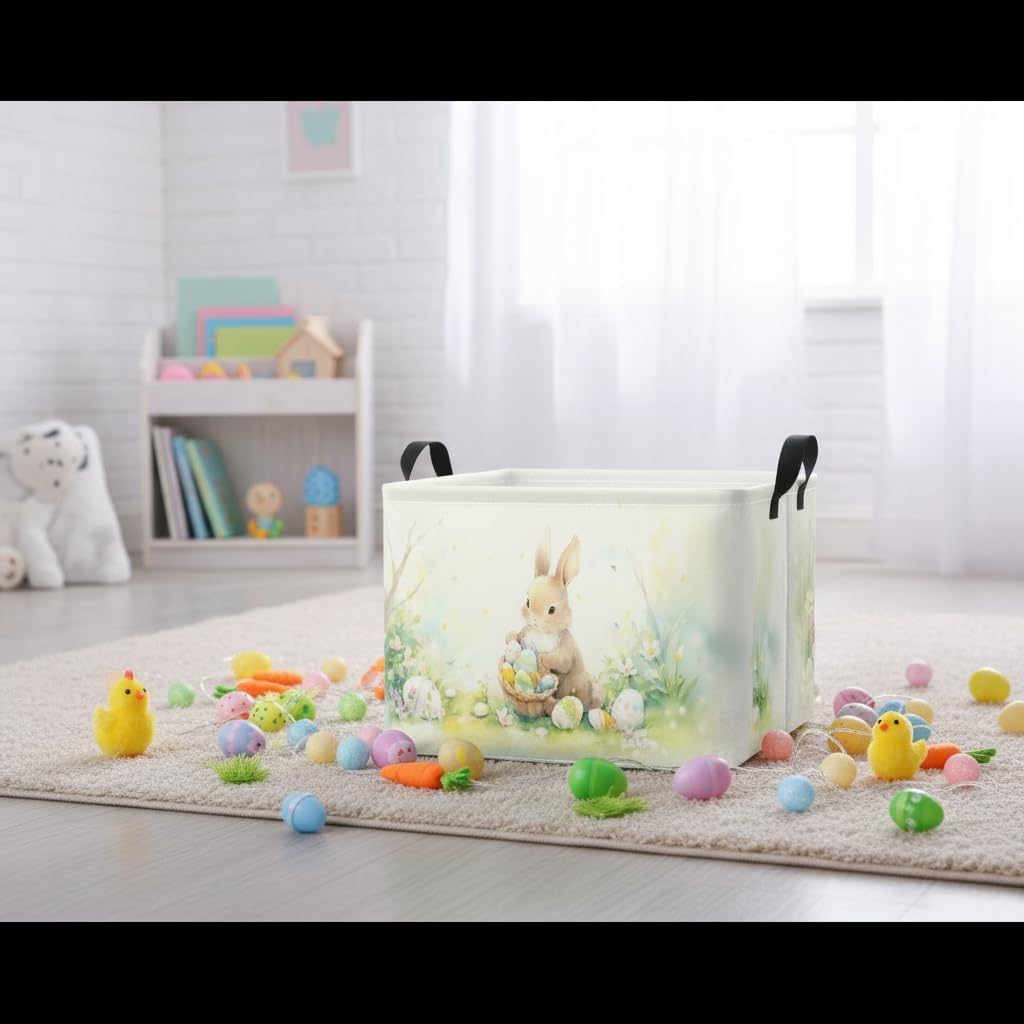 Rectangular Easter Basket Waterproof Storage Bin for Bedroom Collapsible Bin Books Box Basket Room Decor(Bunny Egg) image 5