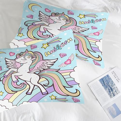 Image of Rainbow Unicorn Comforter Set Full Size Blue Unicorn Kids Bedding Sets for Girls Boys Teens Bedroom Decor Kawaii Cartoon Quilt 1 Comforter 2 Pillowcases