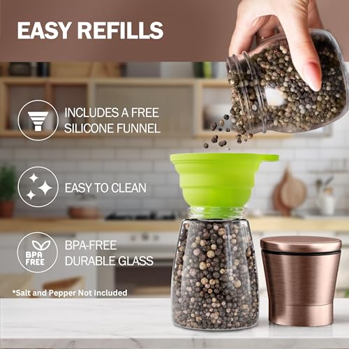Image of Home EC Original Copper Salt and Pepper Grinder Set of 2 - Adjustable Ceramic Grinder - Glass Salt and Pepper Shakers With Funnel and Ebook - Kitchen Spice Mill - Copper Kitchen Accessories