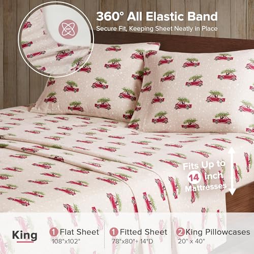 Image of Woolrich Cotton Sheet Set Cottage Charms Print, 100% Cotton Flannel Sheets Warm & Fuzzy Bedding Set King Size Sheets, Fitted Pocket Fits Up to 14 inch Mattress, King Tan Cars, 4 Piece