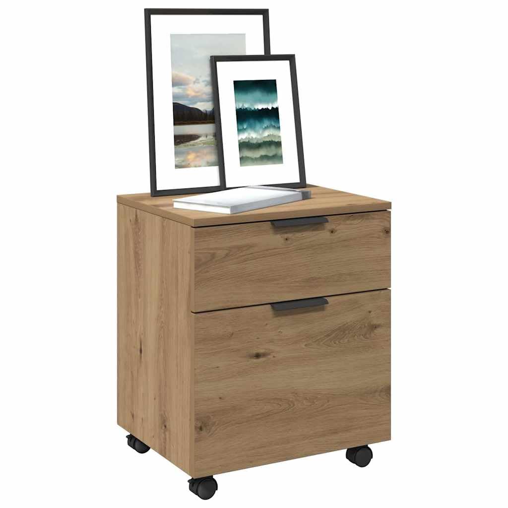Mobiler Aktenschrank auf Rollen Artisan Eichen-Optik, Kompakter Rollcontainer für das Home Office, Kleiner Büroschrank mit 4 Rollen für Unterlagen und Dokumente, 45x38x54 cm