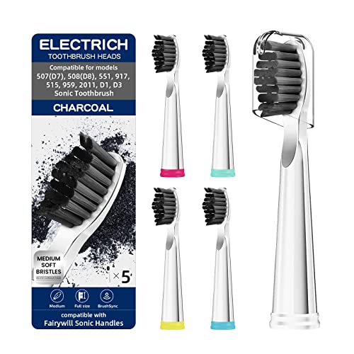 Charcoal Toothbrush Heads, Electric Toothbrush Replacement Heads Compatible with Fairywill Electric Toothbrush FW-507/508/515/551/917/959/2011/D1/D3/D7/D8 Fairy Will White 5 Pack