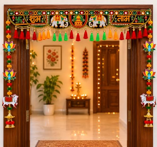 Image of Toran for Main Door Entrance | Traditional Handmade Door Hanging Garland for Decoration Bandhanwar for Main Door,Size 37 Inch (Elephant Toran with Cow Latkan)