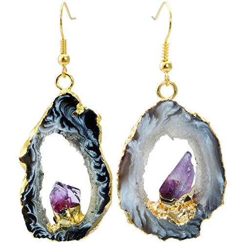 SUNYIK Natural Agate Geode Slice Quartz Druzy Dangle Earrings,with Amethyst Crystal,Gold Plated Drop Earring2